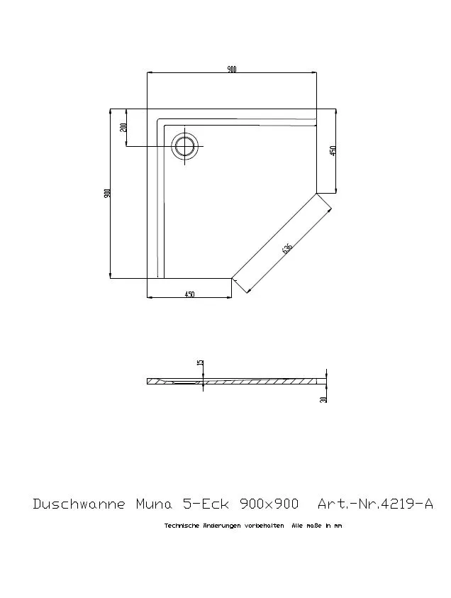 Rysunek techniczny pięciokątnej brodzika Muna 90x90, Hoesch