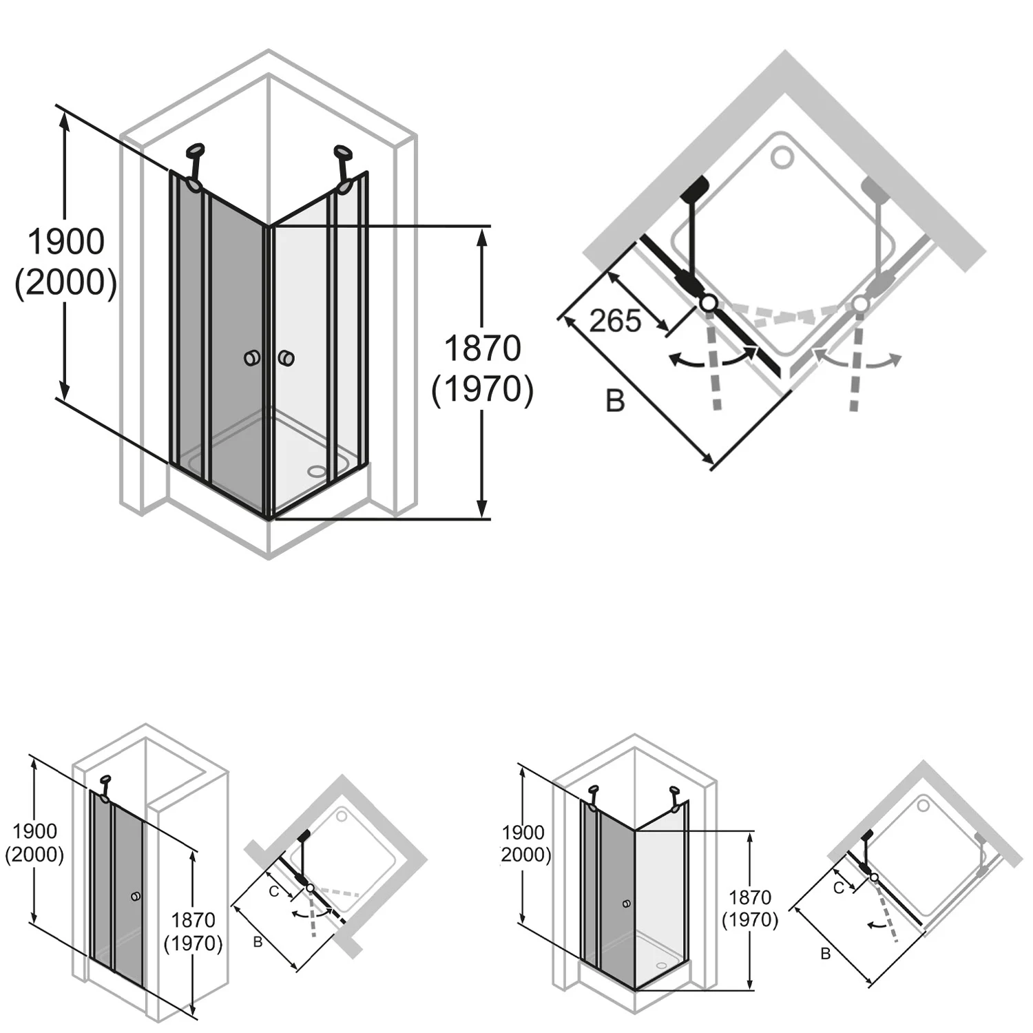 HÜPPE 501 Design pure 4-Eck Schwingtür mit festem Segment 70-155 x 140-200 cm, Glas ohne Anti-Plaque Bild 4