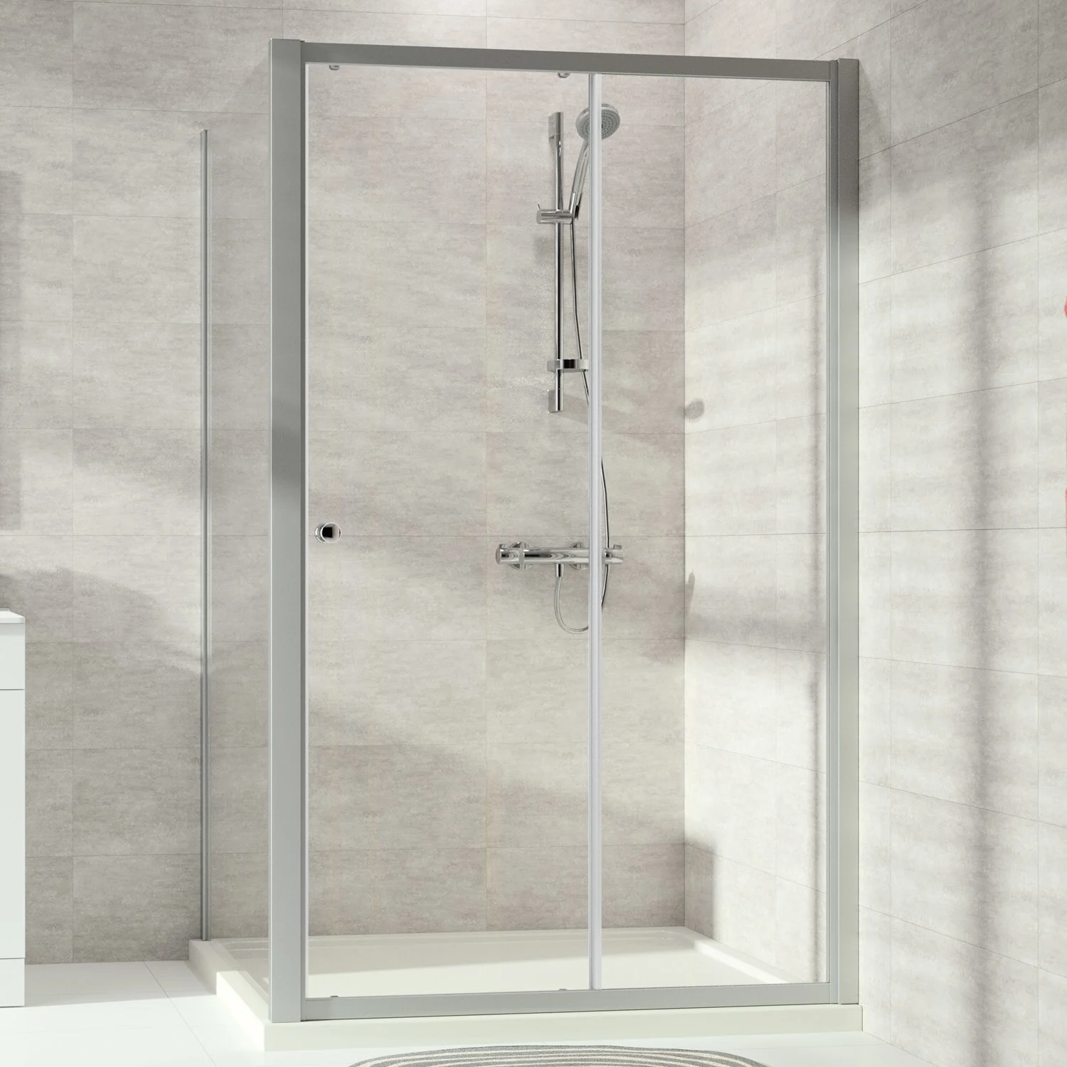 HÜPPE Alpha 2 teilgerahmt 4-Eck Gleittür 1-teilig mit festem Segment, 130 x 190 cm, Glas ohne Anti-Plaque