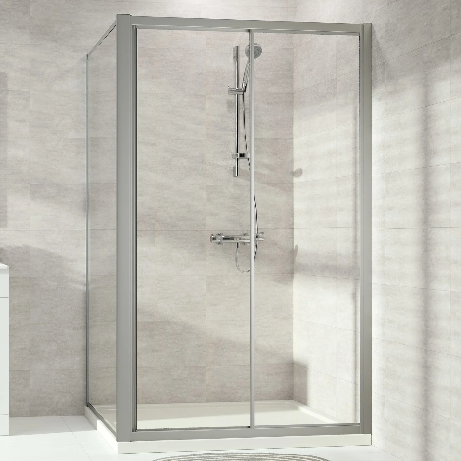 HÜPPE Alpha 2 vollgerahmt 4-Eck Gleittür 1-teilig mit festem Segment, 150 x 190 cm, Glas ohne Anti-Plaque