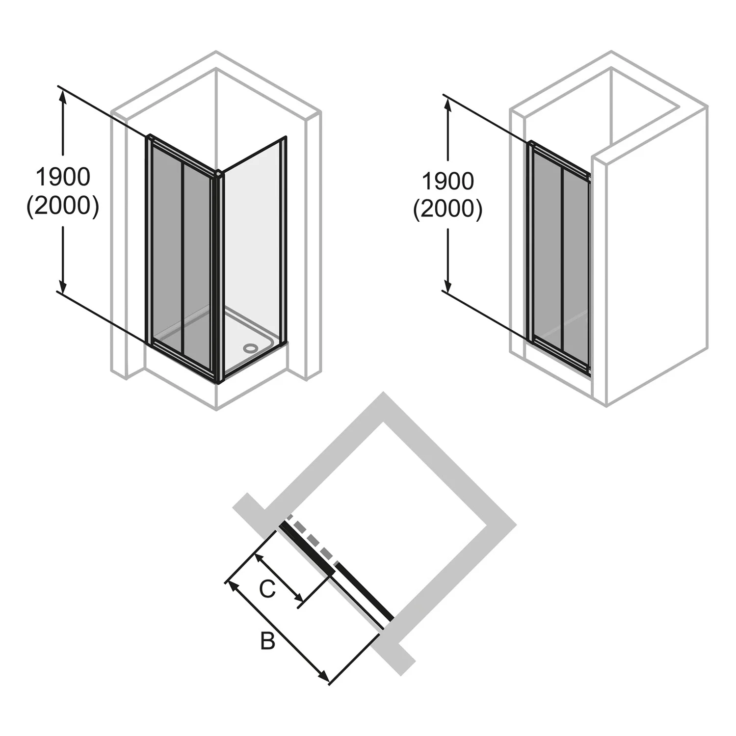 HÜPPE Alpha 2 vollgerahmt 4-Eck Gleittür 1-teilig mit festem Segment, 150 x 190 cm, Glas ohne Anti-Plaque Bild 5