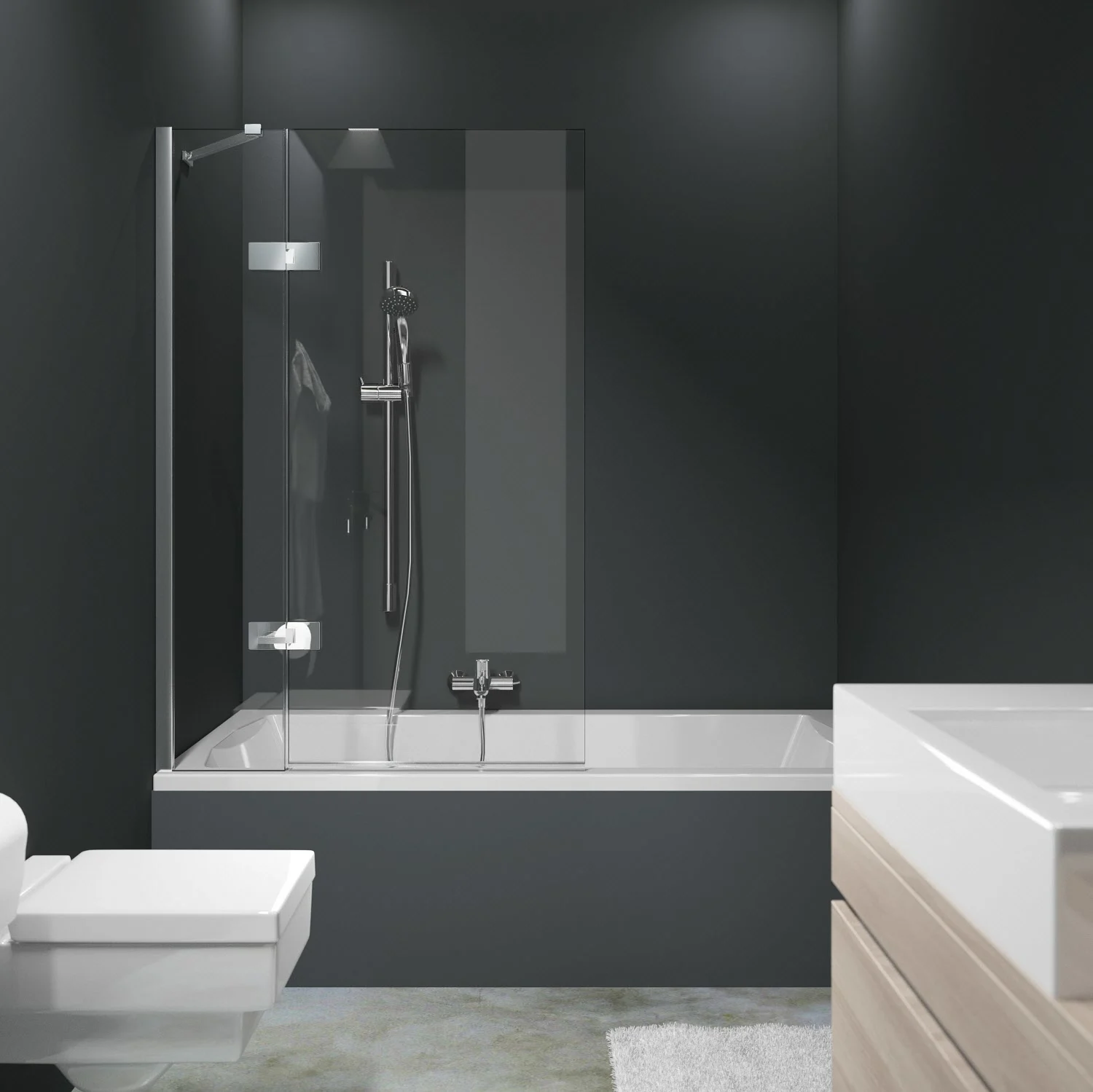 HÜPPE Solva teilgerahmt Badewannenabtrennung 1-teilig mit Festteil 120,1-150 x 120-200 cm, Glas ohne Anti-Plaque, Linksbefestigung