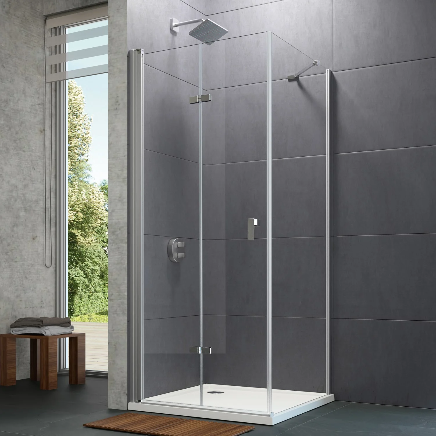 HÜPPE Design pure 4-Eck Schwingfalttür 90 x 200 cm, Linksbefestigung, Glas mit Anti-Plaque