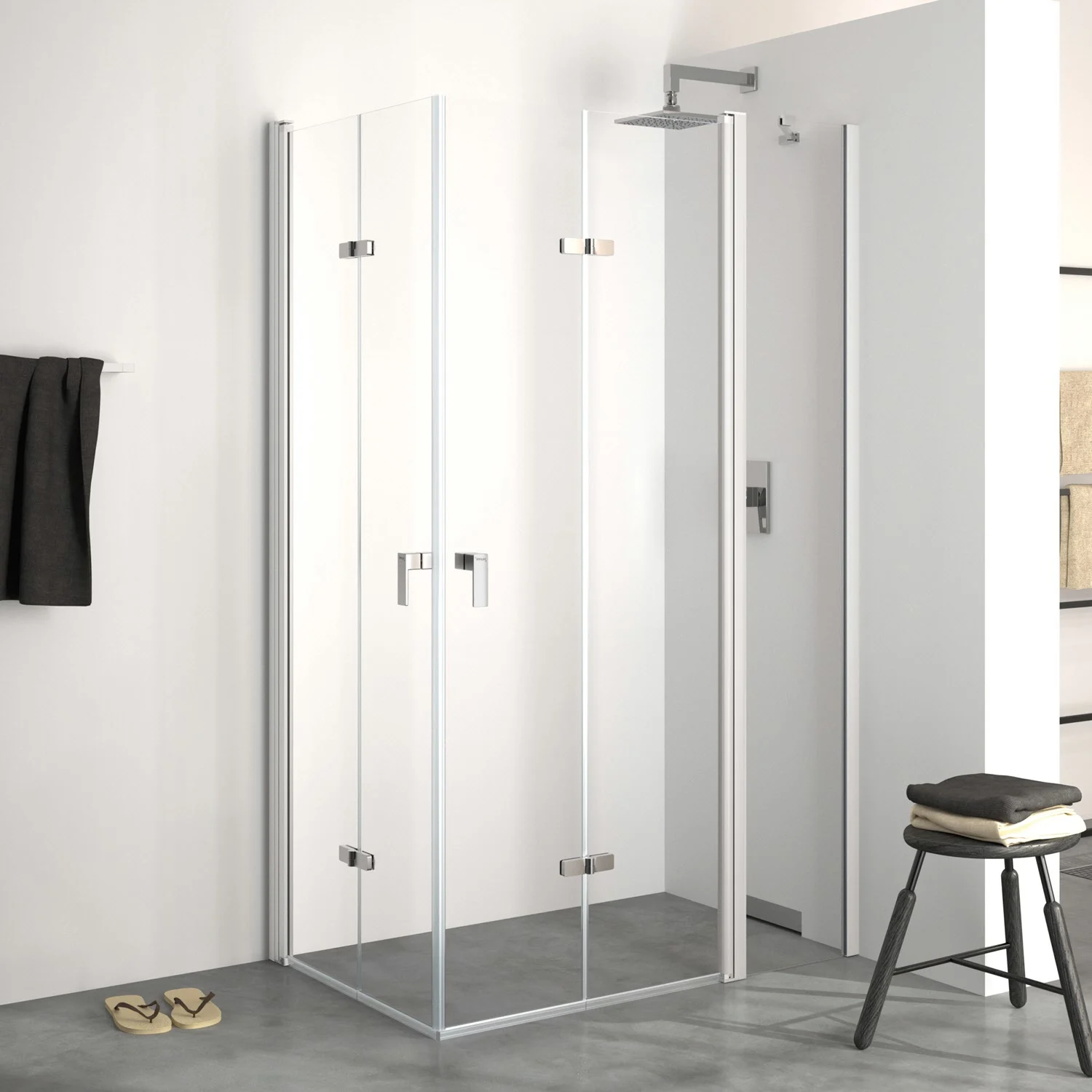HÜPPE Design pure 4-Eck Schwingfalttür mit festem Segment 140 x 190 cm, Rechtsbefestigung, Glas mit Anti-Plaque