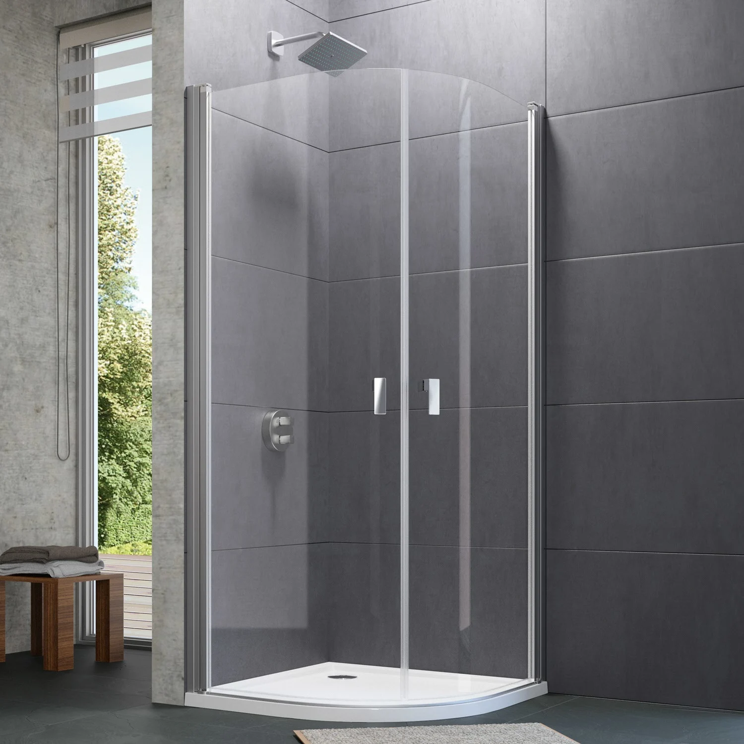 HÜPPE Design pure 1/4 Kreis Schwingtür 90 x 200 cm, R= 55 cm, Glas mit Anti-Plaque