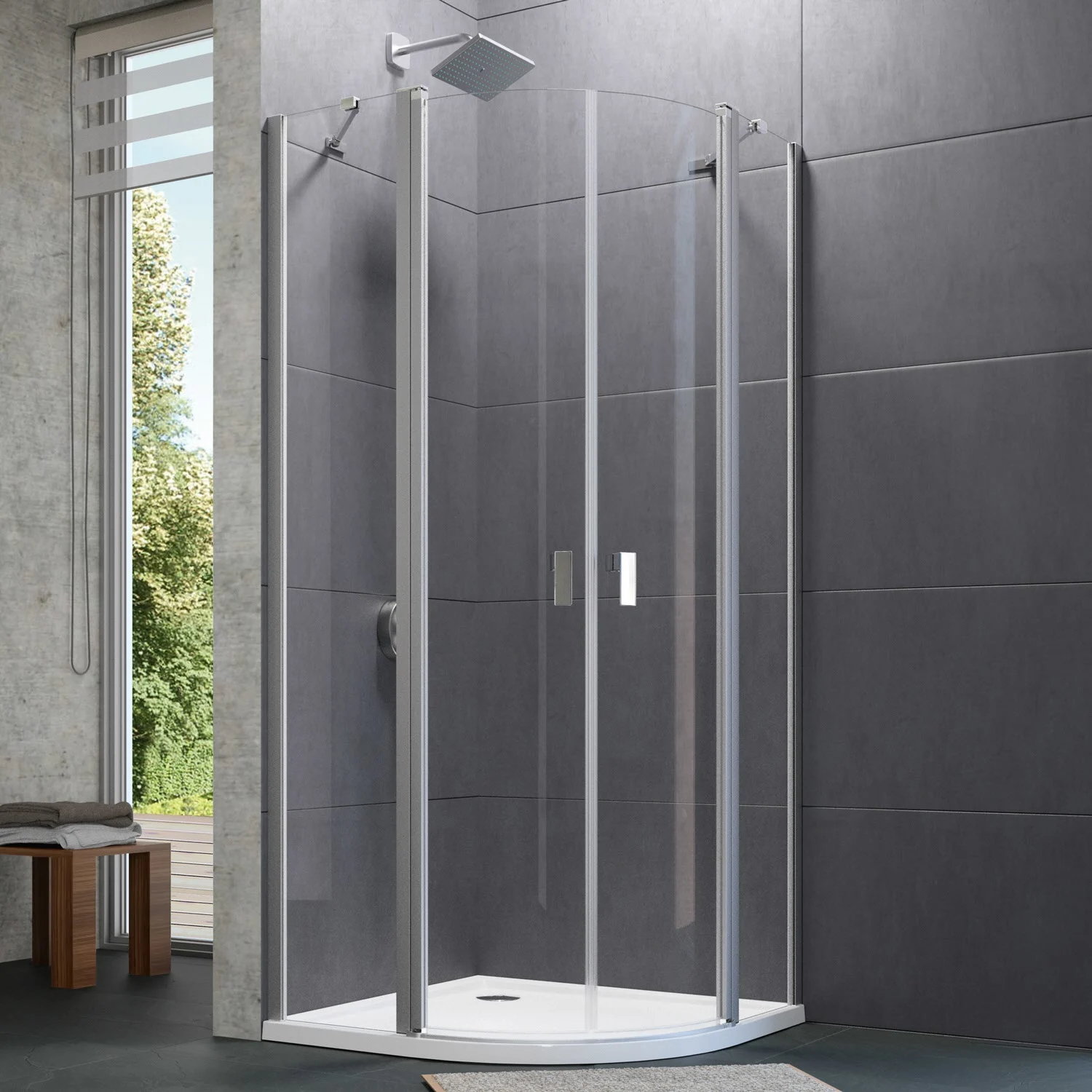 HÜPPE Design pure 1/4 Kreis Schwingtür mit festem Segment 90 x 190 cm, R= 50 cm, Glas mit Anti-Plaque