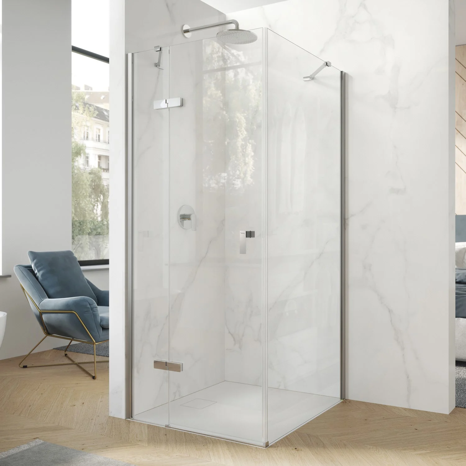 HÜPPE Design pure 4-Eck Schwingtür mit Beschlag und festen Segment B: 90 H: 197 cm, Linksbefestigung, Glas ohne Anti-Plaque