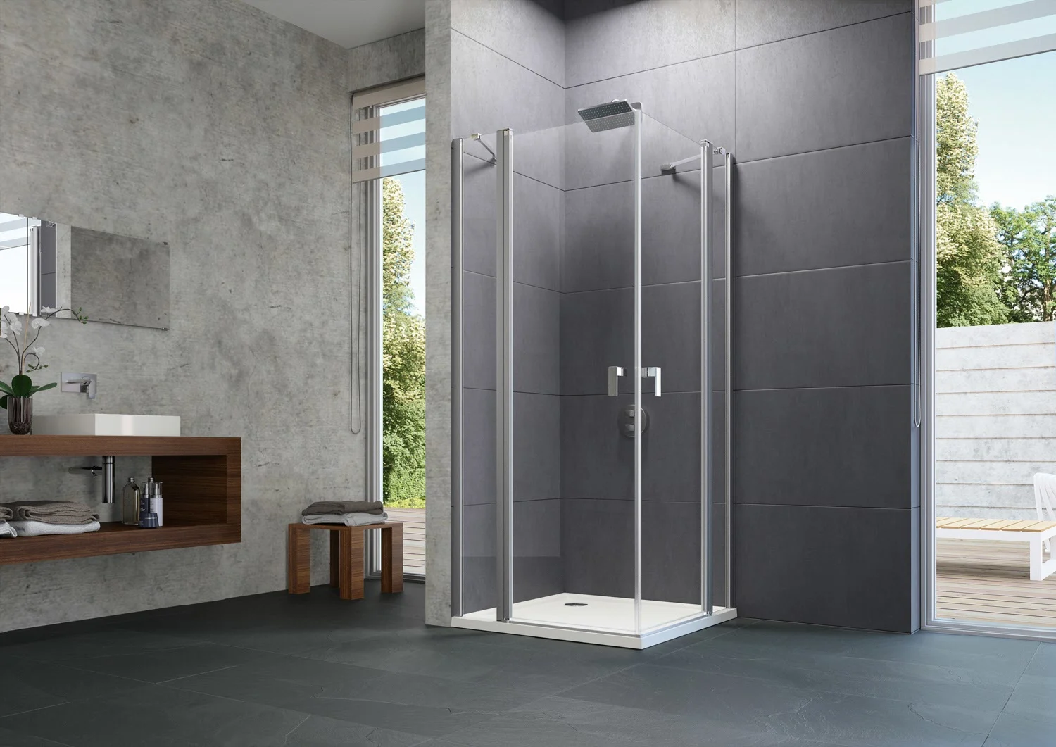 HÜPPE Design pure 4-Eck Schwingtür mit festem Segment 78 x 190 cm, Glas mit Anti-Plaque Bild 2