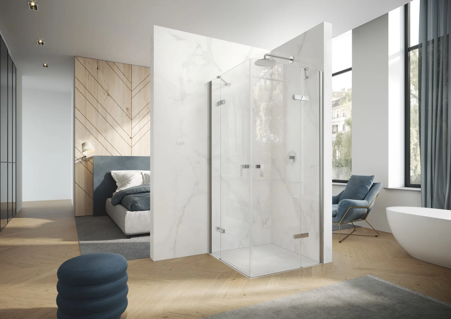 HÜPPE Design pure 4-Eck Schwingtür mit Beschlag und festen Segment B: 90 H: 197 cm, Linksbefestigung, Glas ohne Anti-Plaque Bild 2