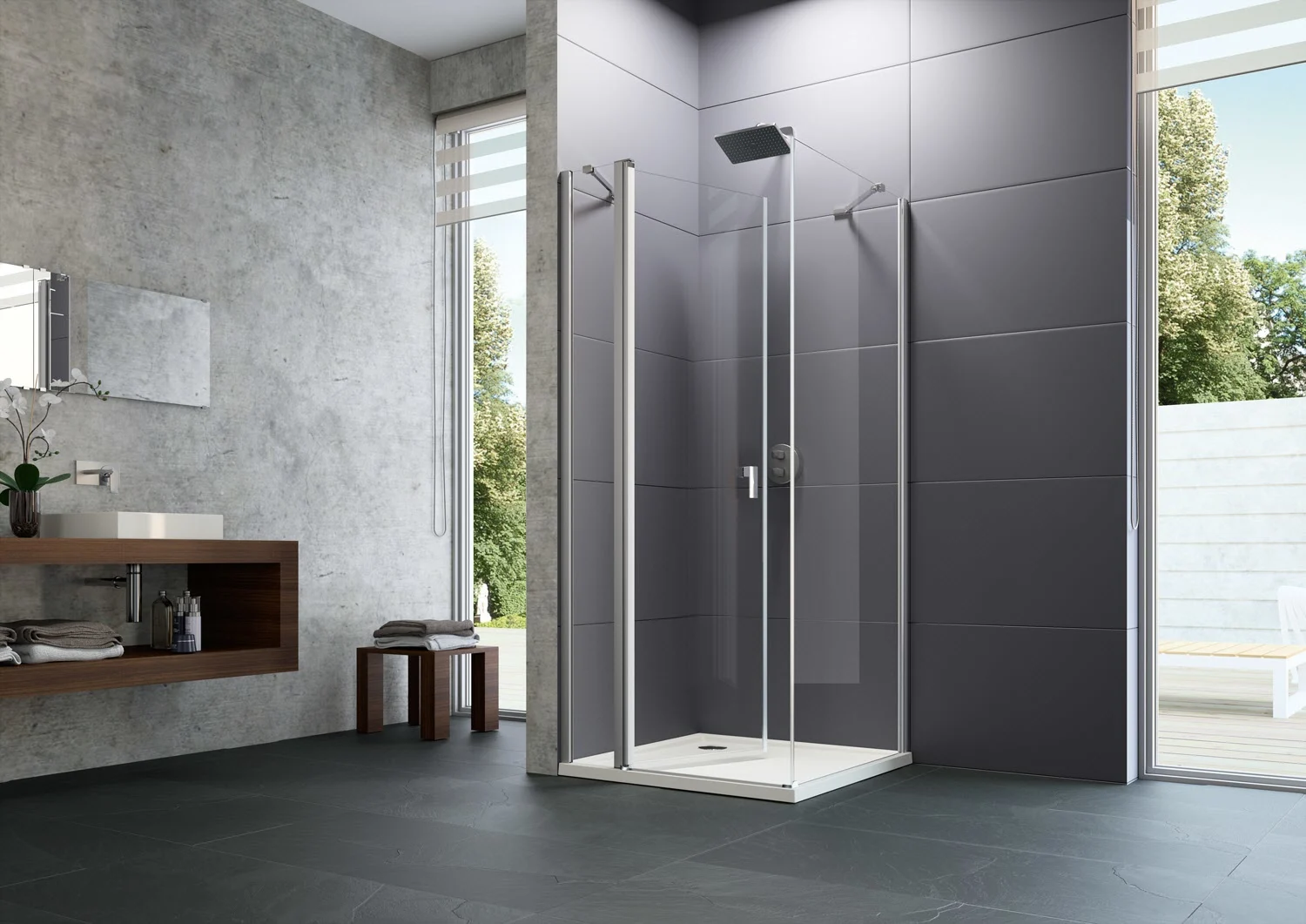 HÜPPE Design pure 4-Eck Schwingtür mit festem Segment 90 x 200 cm, Glas mit Anti-Plaque Bild 4