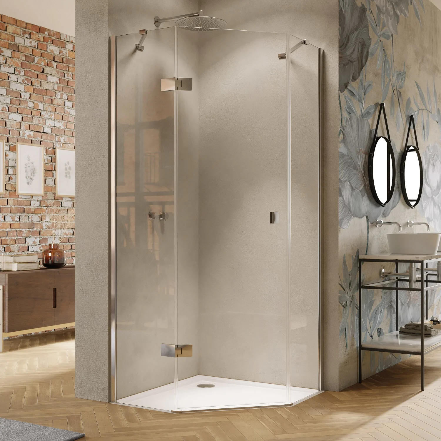 HÜPPE Solva teilgerahmt 5-Eck Schwingtür 1-flüglig links mit 2x Festteil 90/90 x 200 cm, Glas mit Anti-Plaque