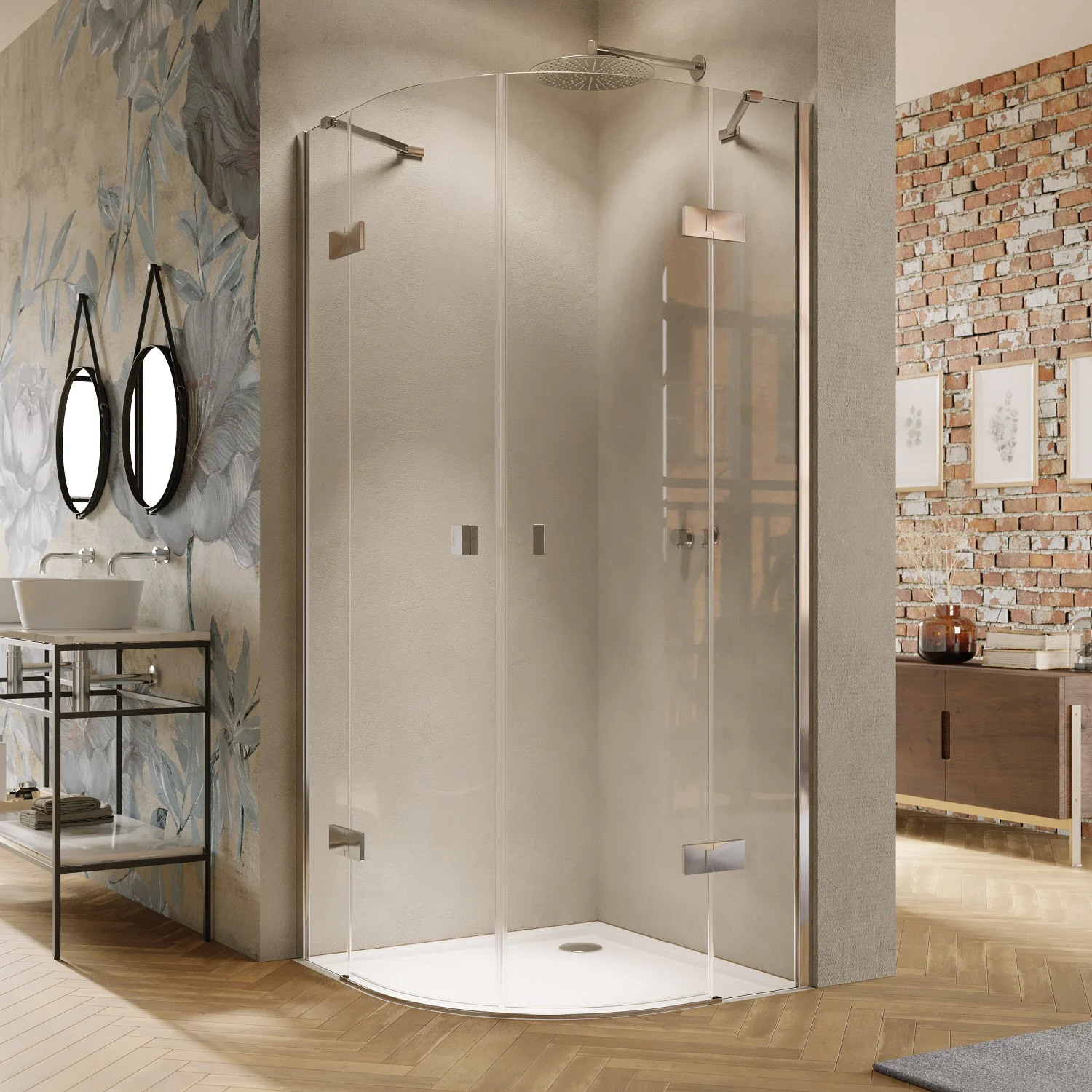 HÜPPE Solva teilgerahmt 1/4 Kreis Schwingtür mit Festteilen 2-flüglig 100/100 x 200 cm, Radius 55 cm, Glas mit Anti-Plaque