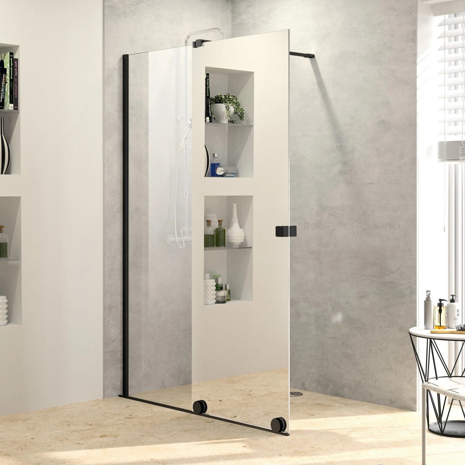 HÜPPE Xtensa pure Walk-In Gleittür mit festem Segment 90 cm, Anschlag links, Stabilisationsbügel in 45° Bild 7