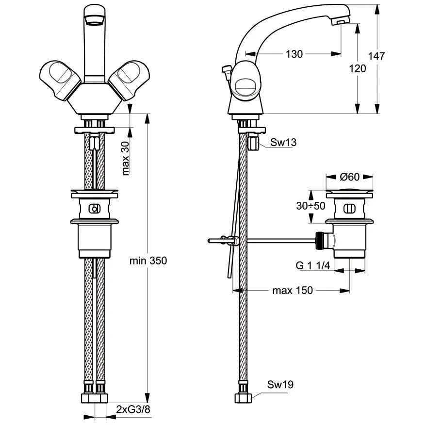 Rysunek techniczny baterii dwukranowej z wymiarami, Ideal Standard