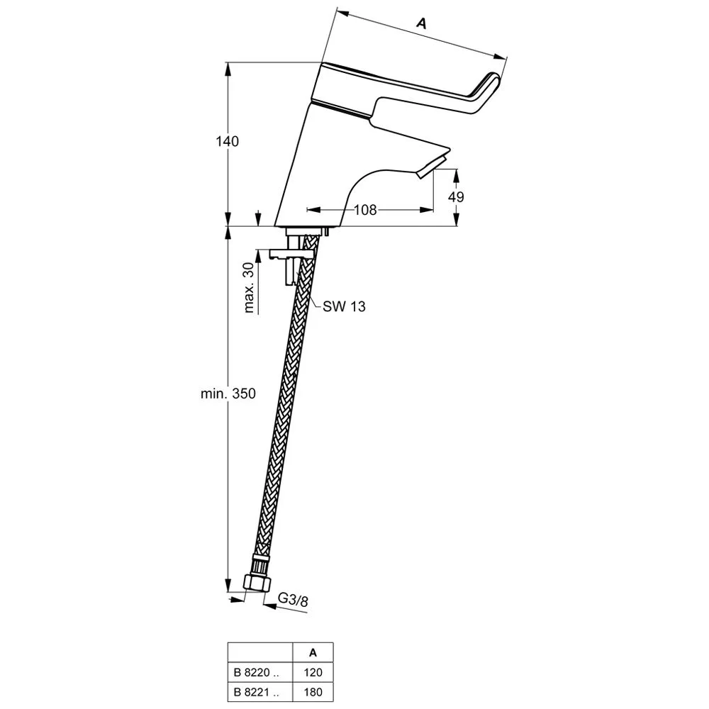 Rysunek techniczny baterii z wymiarami, Ideal Standard