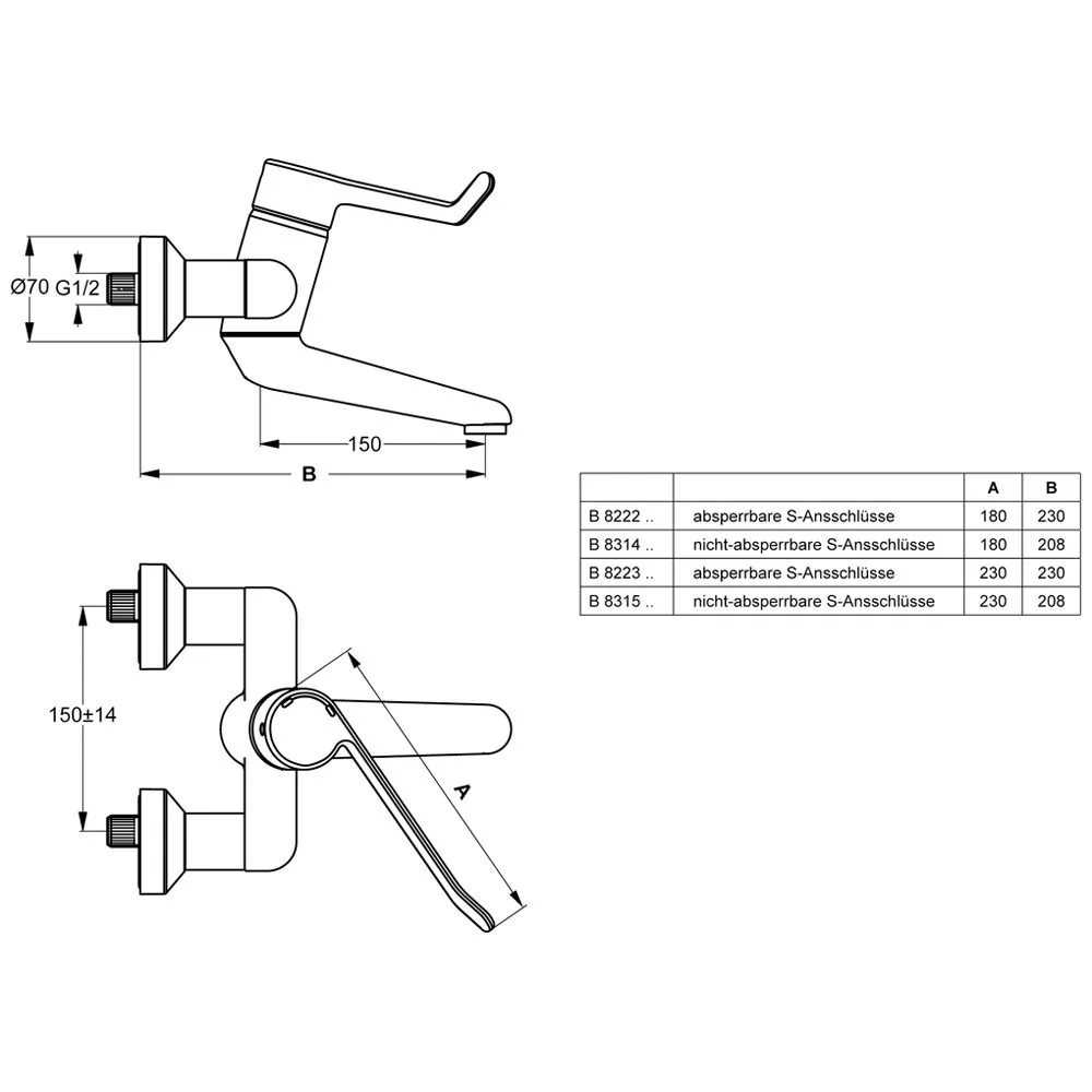 Rysunek techniczny baterii z wymiarami, Ideal Standard