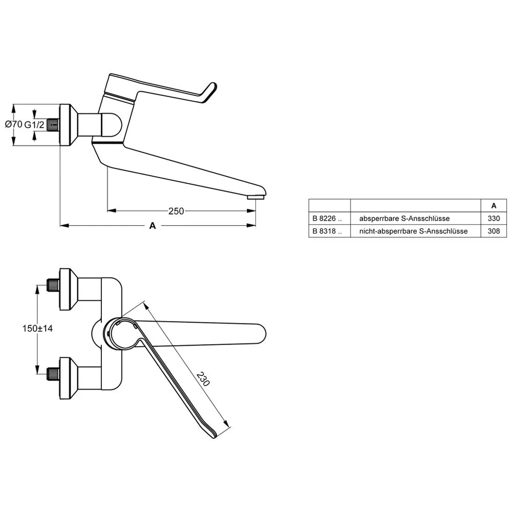 Rysunek techniczny baterii z wymiarami, Ideal Standard