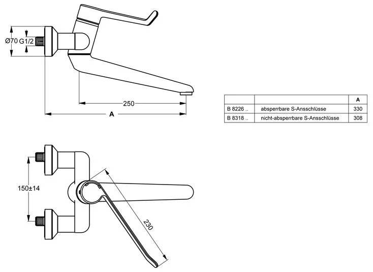 Rysunek techniczny armatury bezpieczeństwa z wymiarami, Ideal Standard