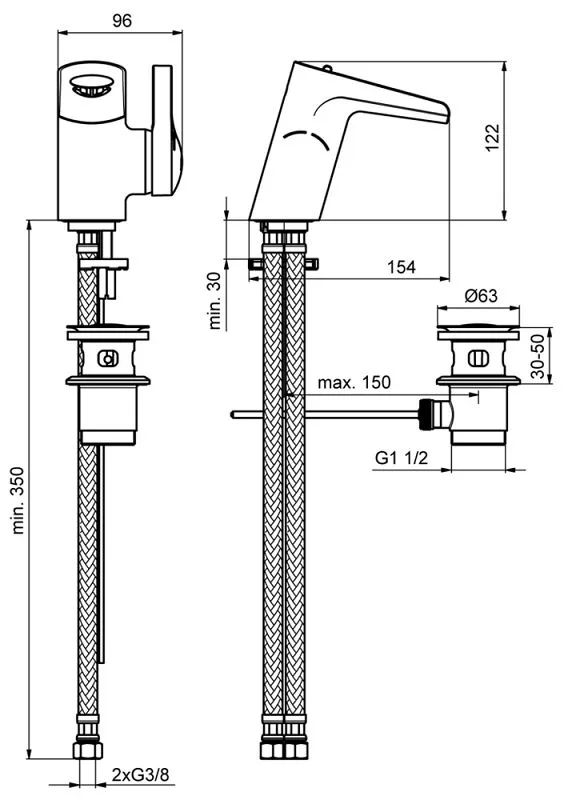 Rysunek techniczny baterii umywalkowej z wymiarami, Ideal Standard