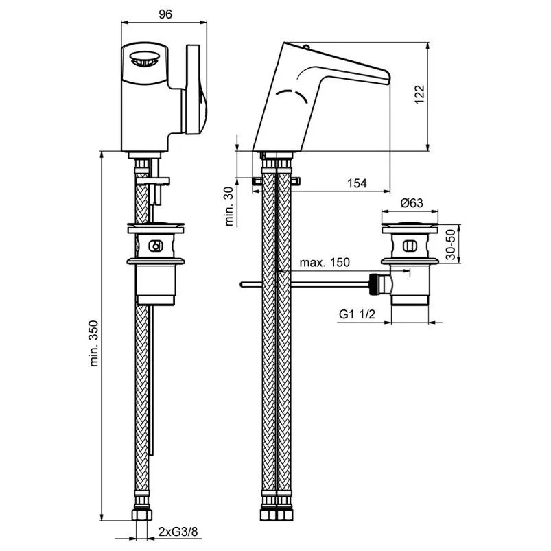 Rysunek techniczny baterii umywalkowej z wymiarami, Ideal Standard