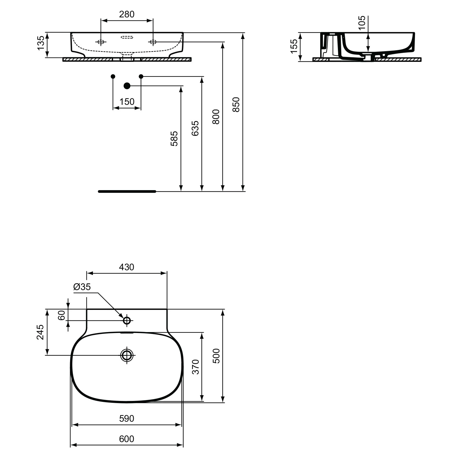 Rysunek techniczny umywalki z wymiarami, Ideal Standard