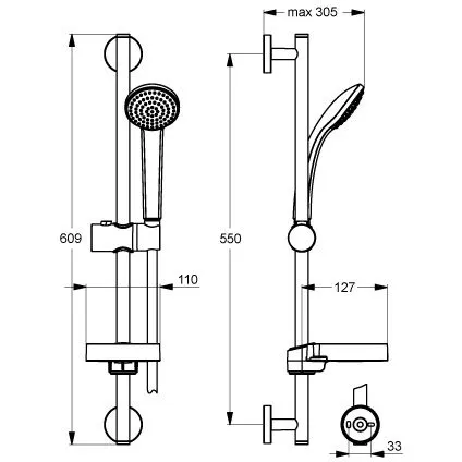 Rysunek techniczny zestawu prysznicowego z wymiarami, Ideal Standard