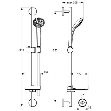 Rysunek techniczny zestawu prysznicowego z wymiarami, Ideal Standard