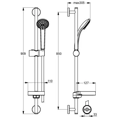 Rysunek techniczny zestawu prysznicowego z wymiarami, Ideal Standard