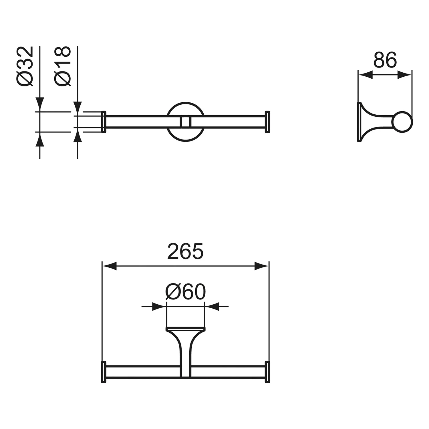 Rysunek techniczny uchwytu na ręczniki z wymiarami, Ideal Standard