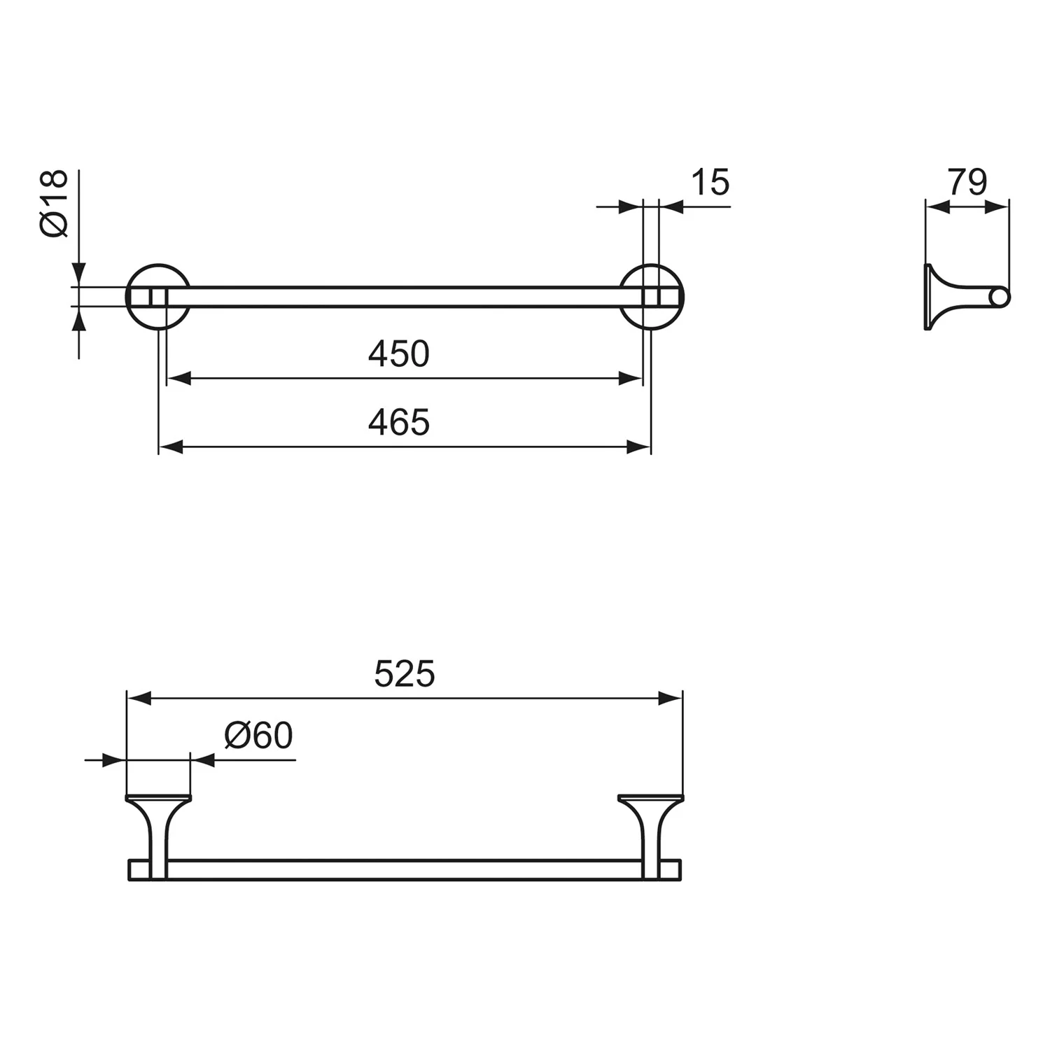 Rysunek techniczny uchwytu na ręczniki z wymiarami, Ideal Standard