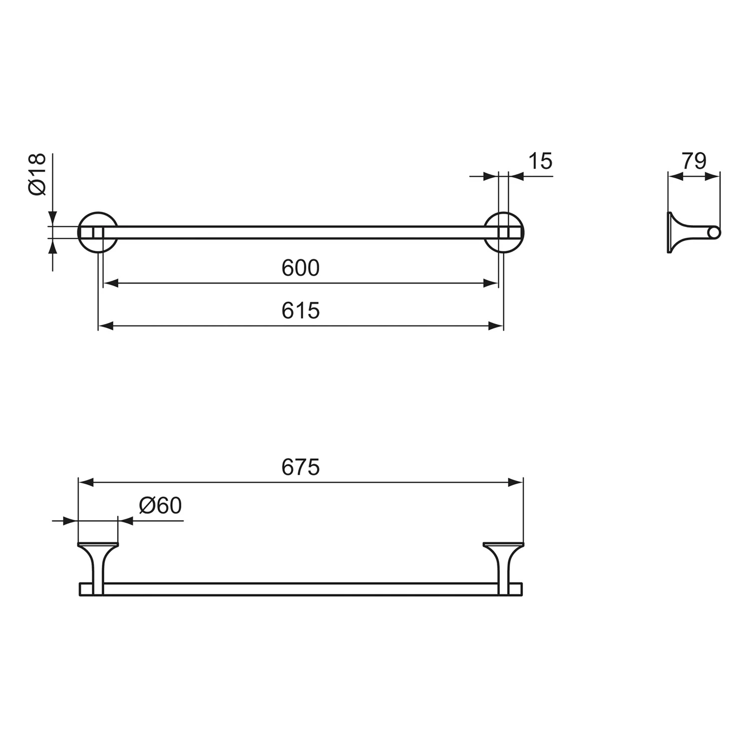 Rysunek techniczny uchwytu na ręczniki z wymiarami, Ideal Standard