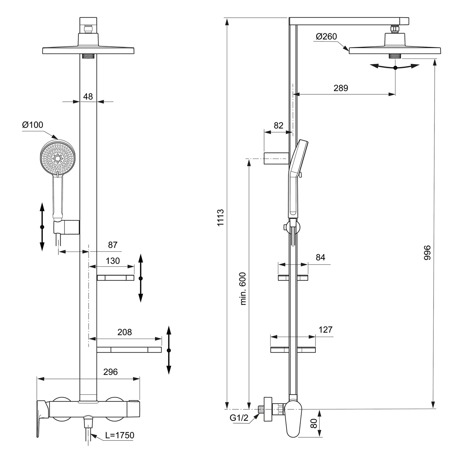Rysunek techniczny systemu prysznicowego z wymiarami, Ideal Standard