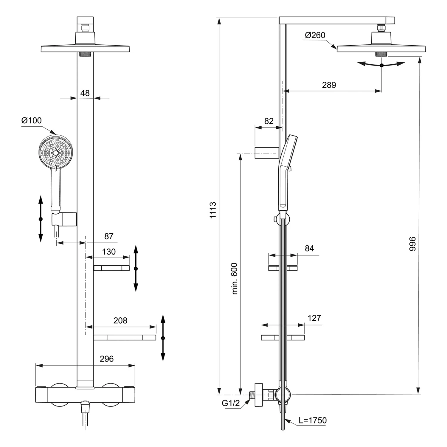 Ideal Standard Alu+ Duschsystem mit Ceratherm Brausethermostat, 2 Ablagen, 2-Funktions-Handbrause und 2-Funktions-Kopfbrause Bild 7