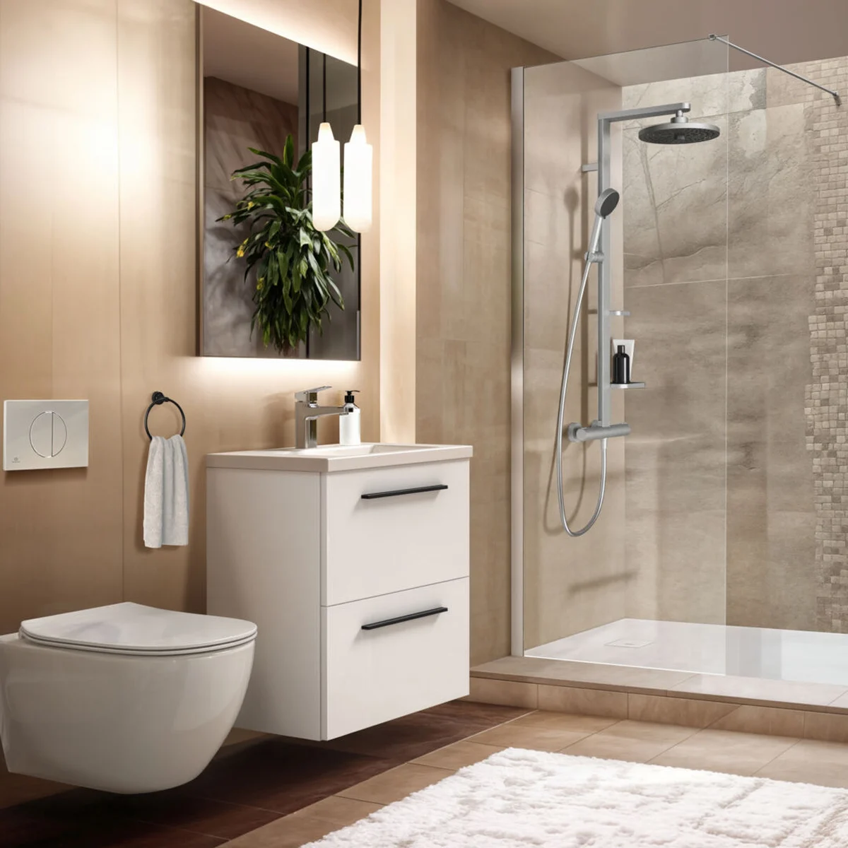 Ideal Standard Alu+ Duschsystem mit Ceratherm Brausethermostat, 2 Ablagen, 2-Funktions-Handbrause und 2-Funktions-Kopfbrause Bild 12