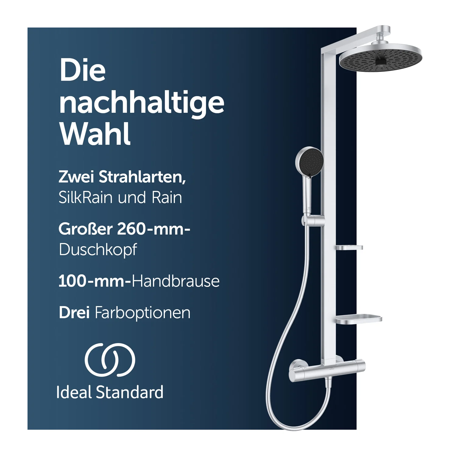 Ideal Standard Alu+ Duschsystem mit Ceratherm Brausethermostat, 2 Ablagen, 2-Funktions-Handbrause und 2-Funktions-Kopfbrause Bild 6