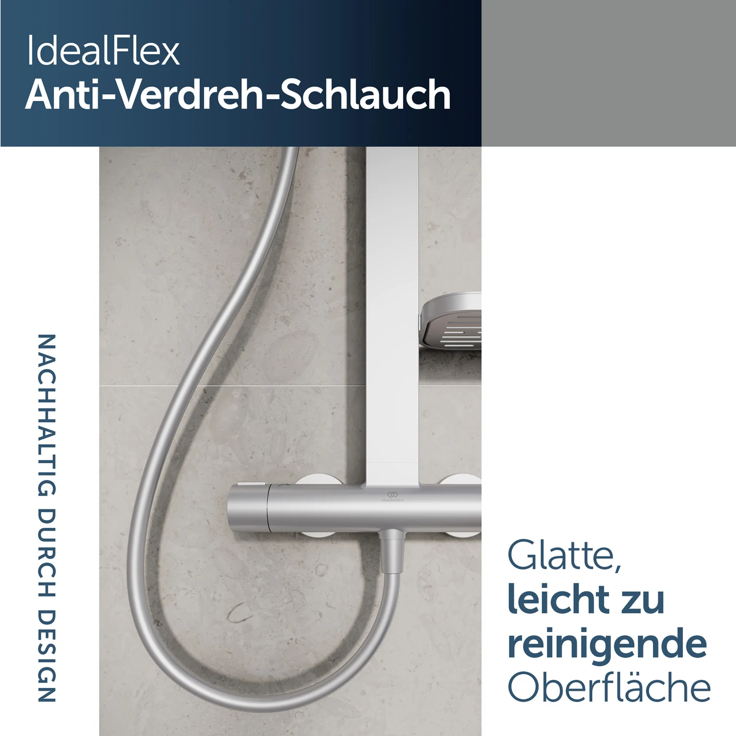 Ideal Standard Alu+ Duschsystem mit Ceratherm Brausethermostat, 2 Ablagen, 2-Funktions-Handbrause und 2-Funktions-Kopfbrause Bild 3