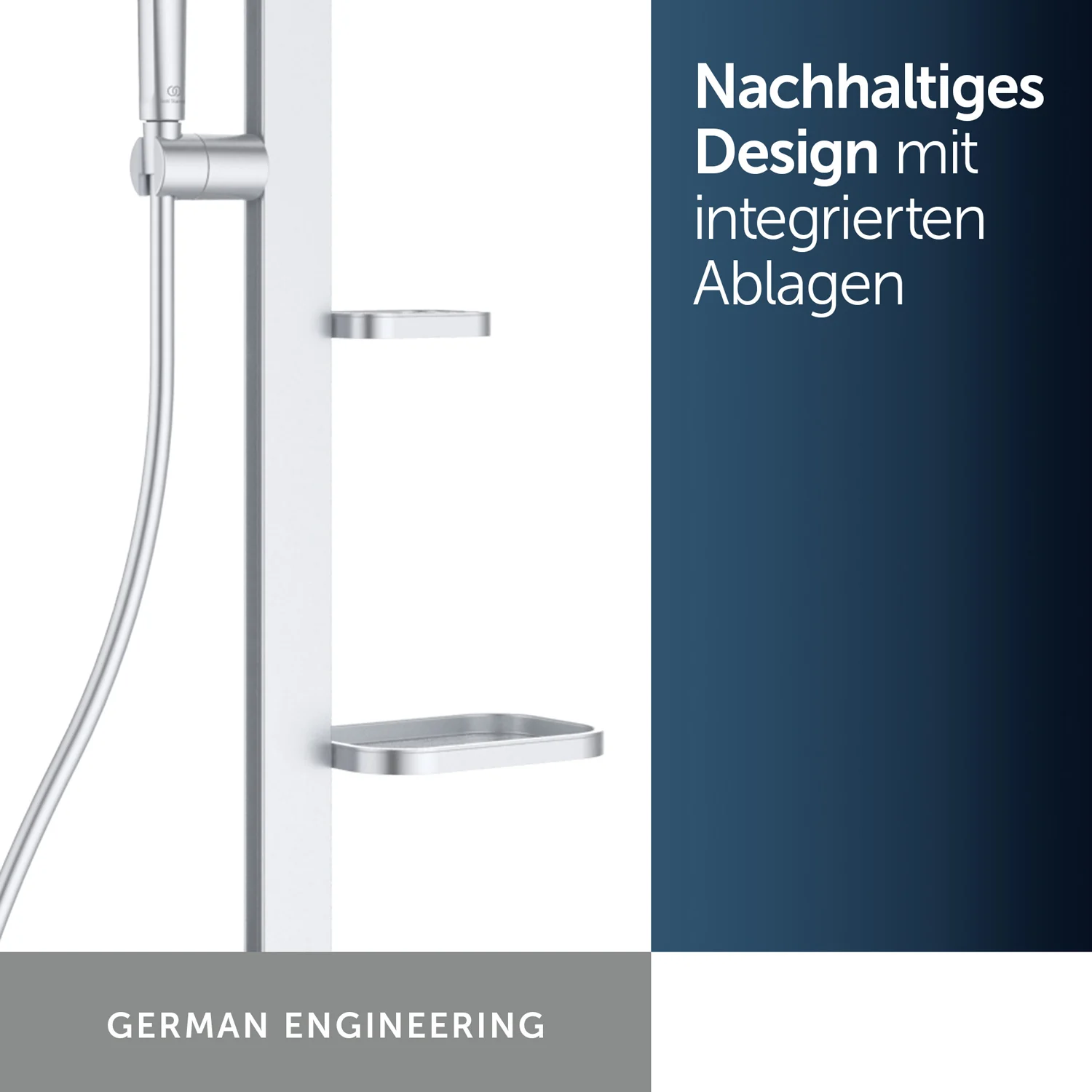 Ideal Standard Alu+ Duschsystem mit Ceratherm Brausethermostat, 2 Ablagen, 2-Funktions-Handbrause und 2-Funktions-Kopfbrause Bild 4