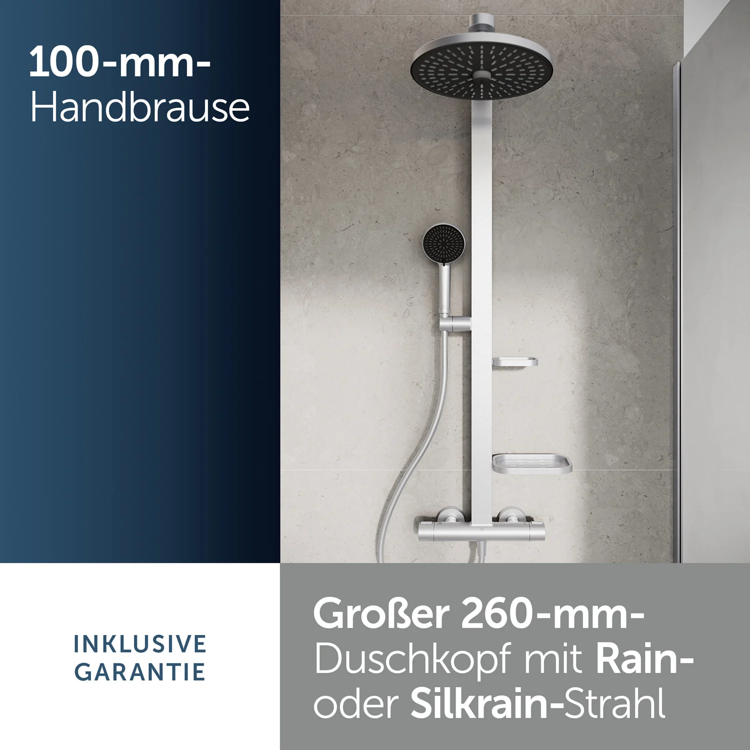 Ideal Standard Alu+ Duschsystem mit Ceratherm Brausethermostat, 2 Ablagen, 2-Funktions-Handbrause und 2-Funktions-Kopfbrause Bild 5