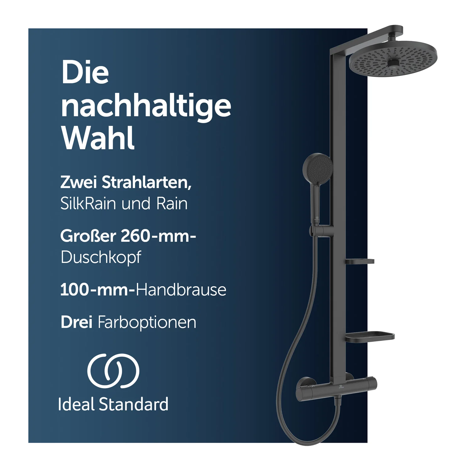 Ideal Standard Alu+ Duschsystem mit Ceratherm Brausethermostat, 2 Ablagen, 2-Funktions-Handbrause und 2-Funktions-Kopfbrause Bild 6