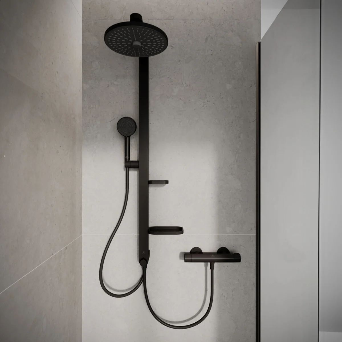 Ideal Standard Alu+ Duschsystem ohne Armatur, mit 2 Ablagen, 2-Funktions-Handbrause und 2-Funktions-Kopfbrause Bild 9