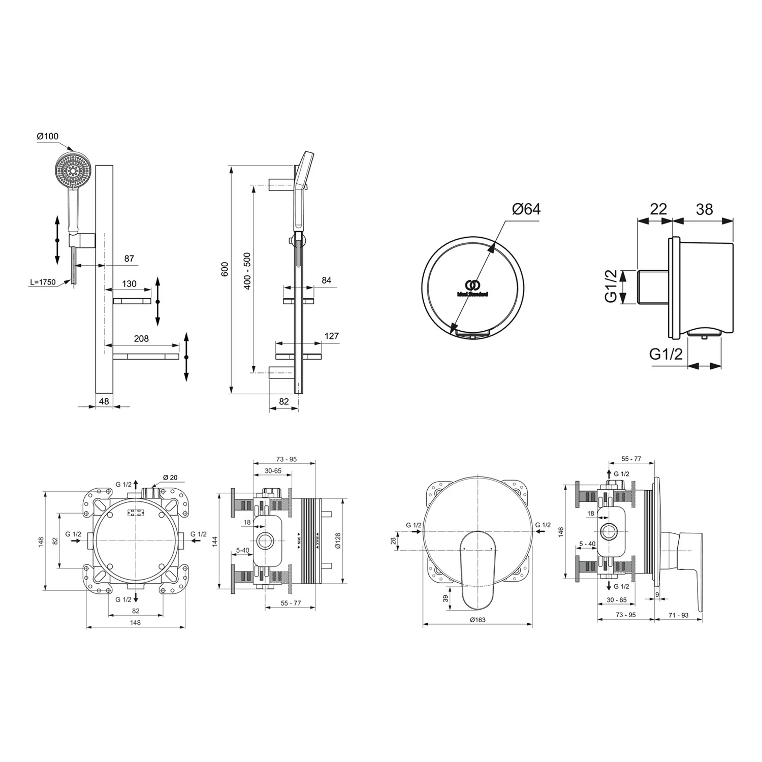 Rysunek techniczny armatury łazienkowej z wymiarami, Ideal Standard