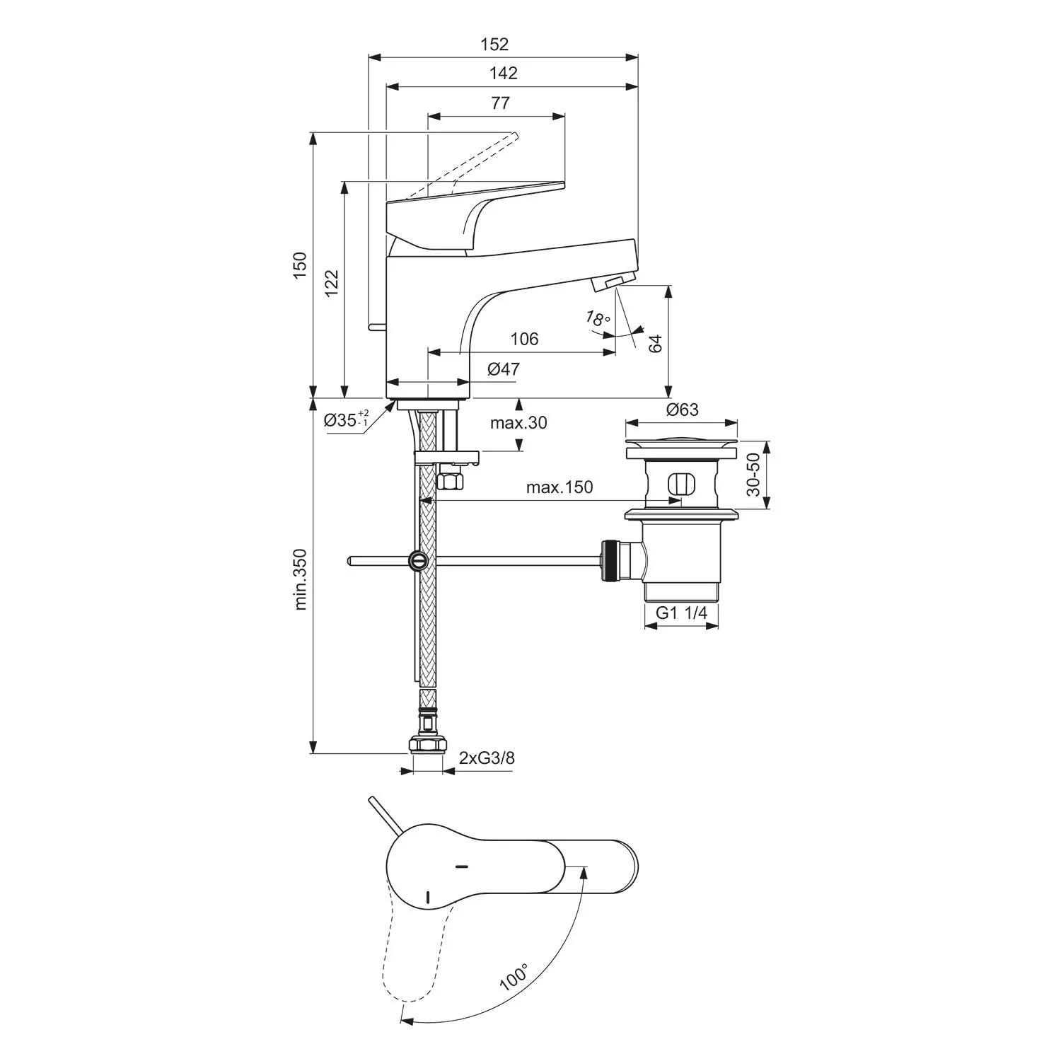 Rysunek techniczny baterii umywalkowej, Ideal Standard