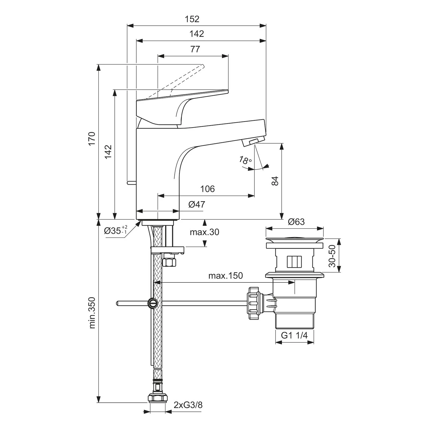 Rysunek techniczny baterii umywalkowej z wymiarami, Ideal Standard