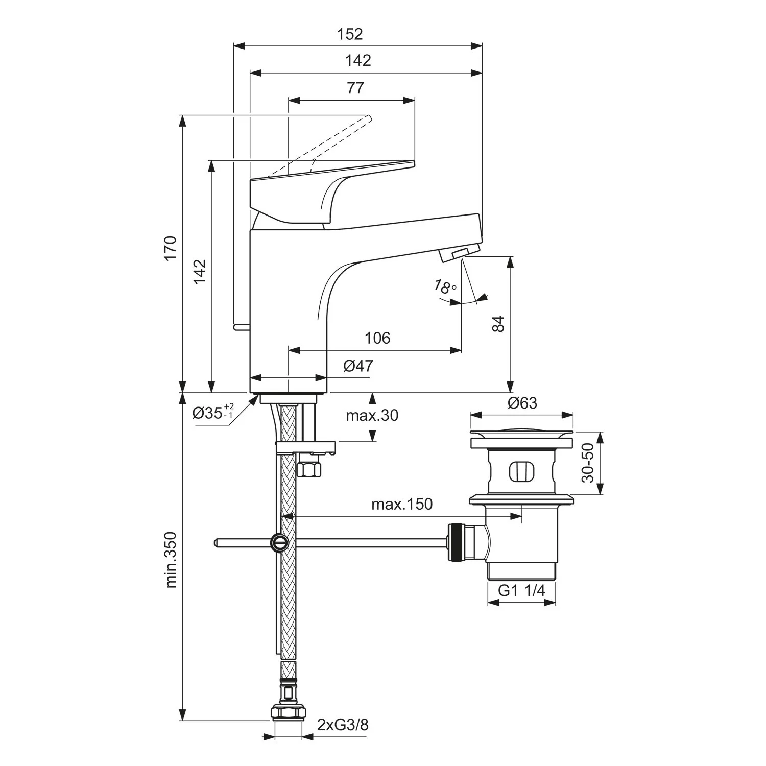 Rysunek techniczny baterii umywalkowej z wymiarami, Ideal Standard