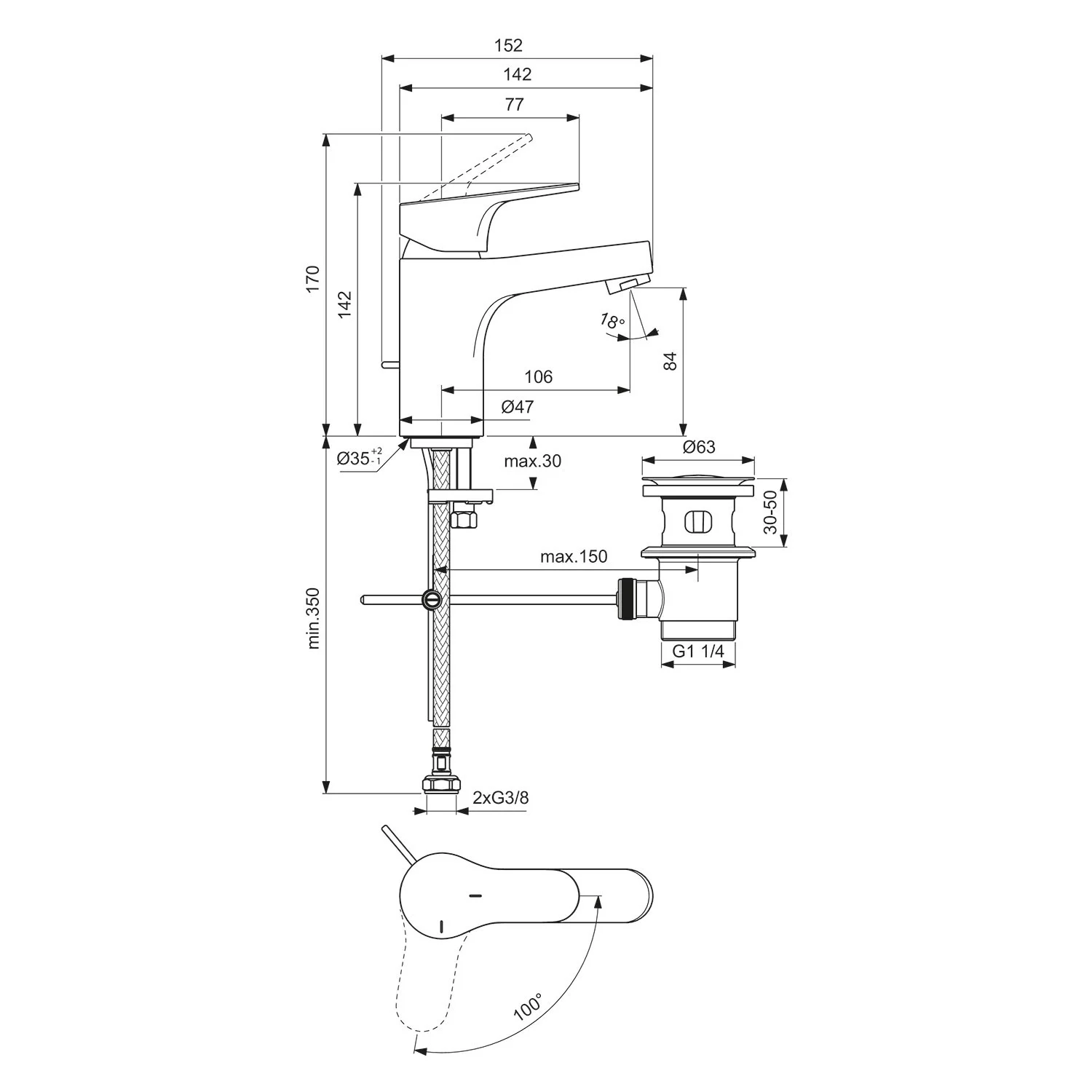 Rysunek techniczny baterii umywalkowej z wymiarami, Ideal Standard