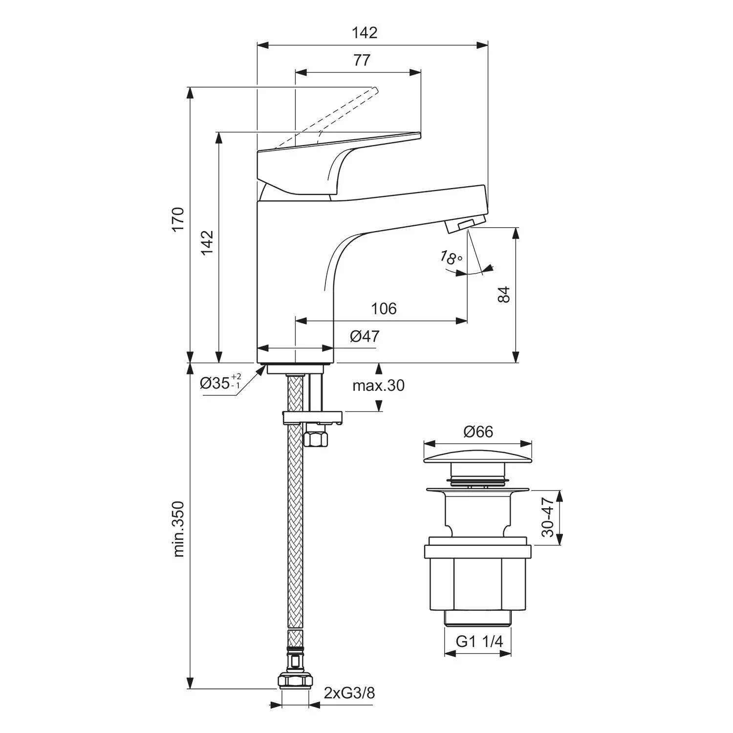 Rysunek techniczny baterii umywalkowej z wymiarami, Ideal Standard