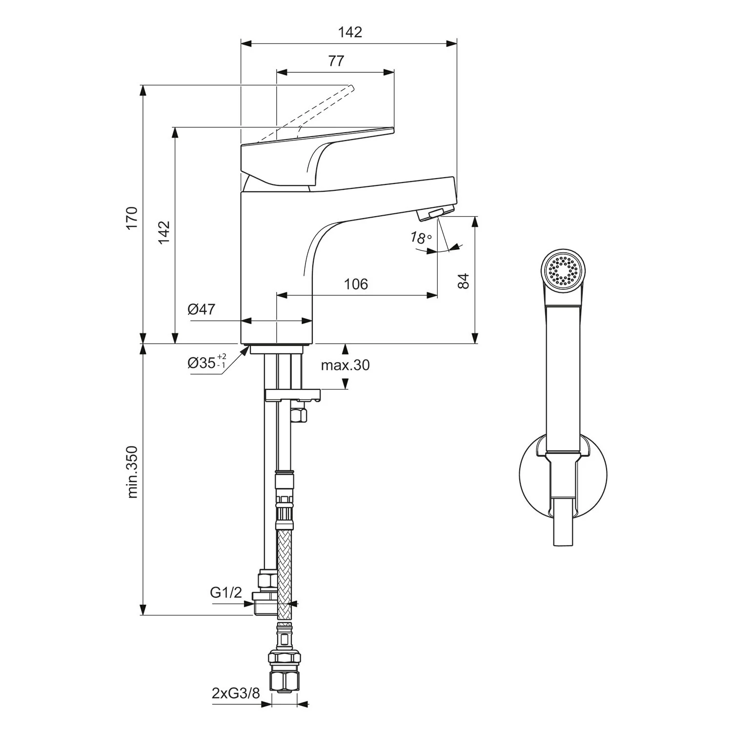 Rysunek techniczny baterii umywalkowej z wymiarami, Ideal Standard