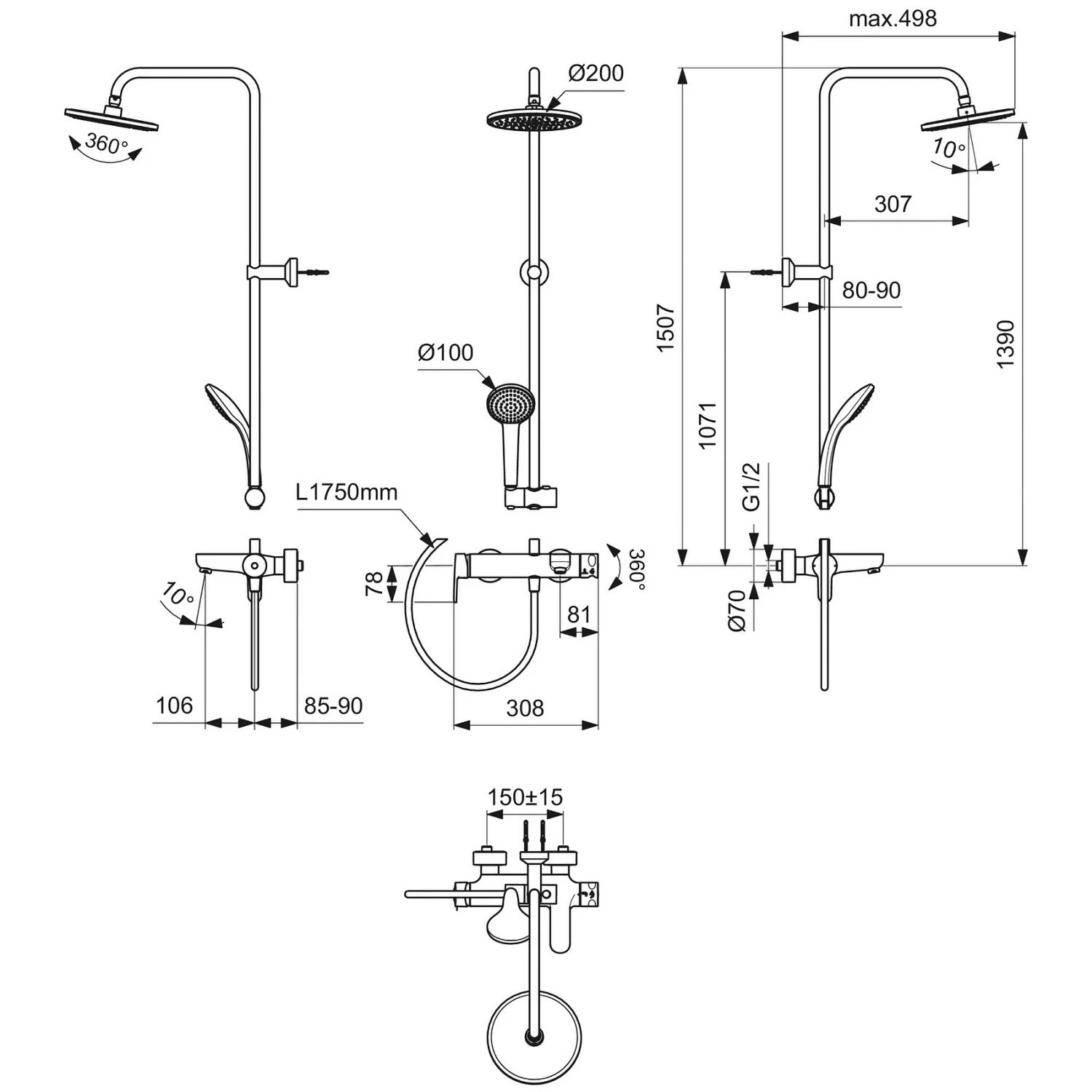 Rysunek techniczny baterii prysznicowej z wymiarami, Ideal Standard