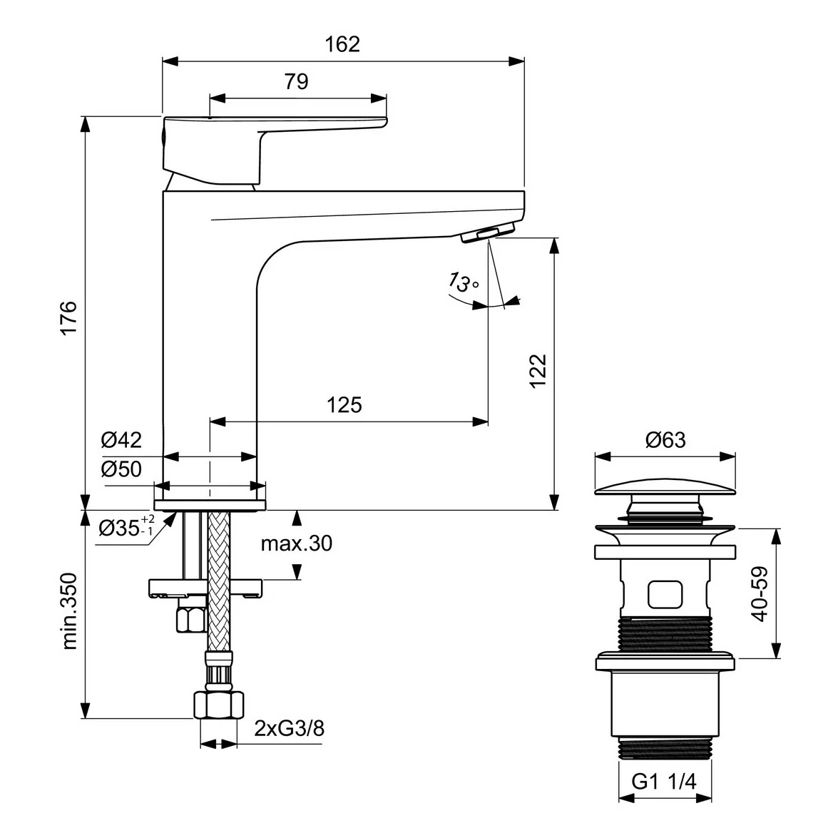 Rysunek techniczny baterii umywalkowej z wymiarami, Ideal Standard