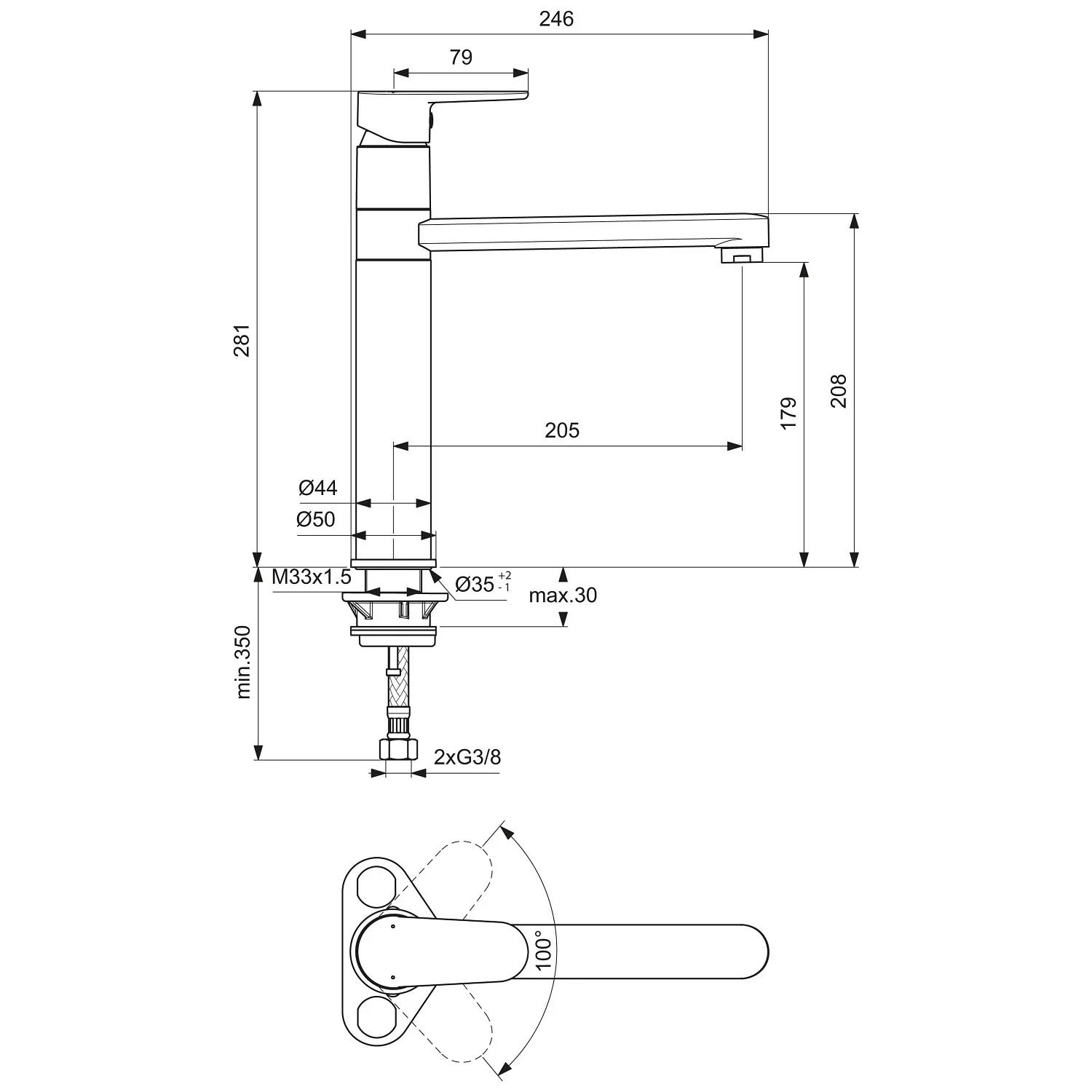 Rysunek techniczny baterii umywalkowej, Ideal Standard